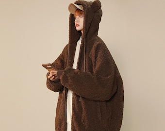 Women's Furry Jacket Brown Teddy Bear Coat with Hoodie