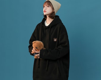 Women's Teddy Bear Hoodie Embroidery Black Pullover Sweatshirt