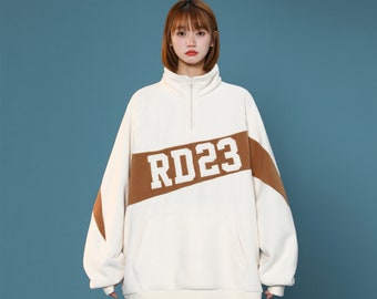 Womens White Quarter Zip Up Sweater Furry Sweatshirt