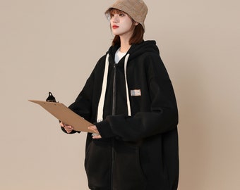 Women's Black Urban Jacket with Hoodie Relaxed Fit Coat