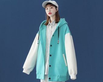 Women's Aqua Button Up Jacket Casual Relaxed Fit Coat with Hoodie