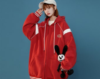 Women's Casual Red Southside Jacket Relaxed Fit Coat with Hoodie
