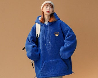 Women's Teddy Hoodie Furry Blue Bear Pullover Sweatshirt