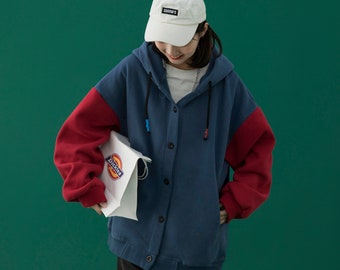 Women&#39;s Blue Button Up Jacket Casual Relaxed Fit Coat with Hoodie