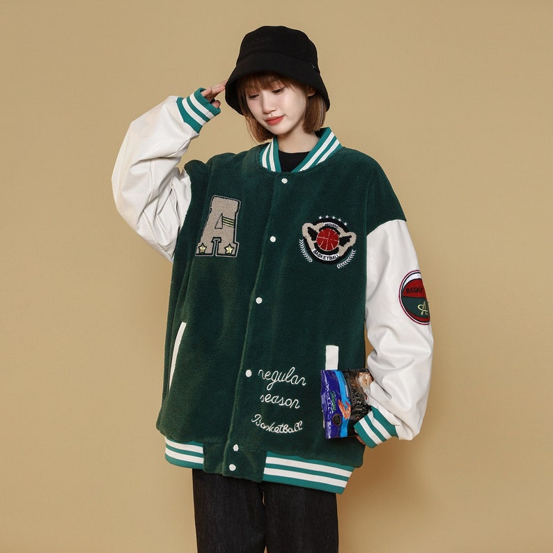 Women's Green Varsity Baseball Jacket Relaxed Fit Patchwork Coat image 1