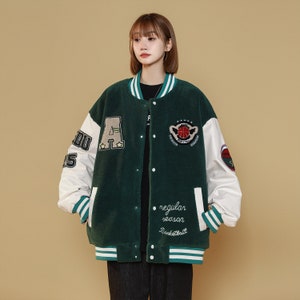 Women's Green Varsity Baseball Jacket Relaxed Fit Patchwork Coat image 3