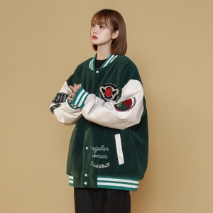 Women's Green Varsity Baseball Jacket Relaxed Fit Patchwork Coat image 4