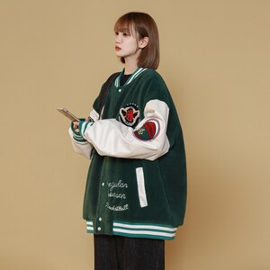 Women's Green Varsity Baseball Jacket Relaxed Fit Patchwork Coat image 2