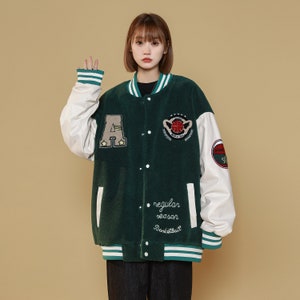 Women's Green Varsity Baseball Jacket Relaxed Fit Patchwork Coat image 5