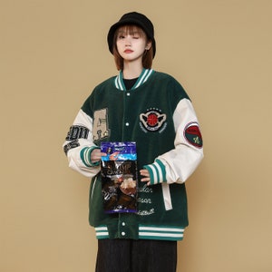 Women's Green Varsity Baseball Jacket Relaxed Fit Patchwork Coat image 7