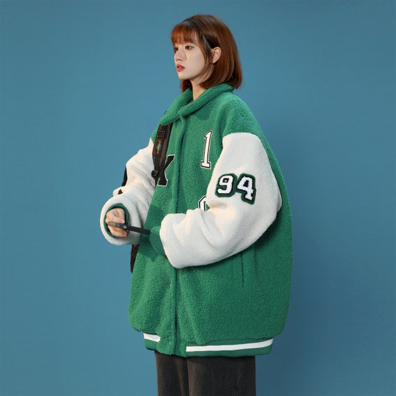 Manteau streetwear pour femme, fourrure verte, veste de baseball