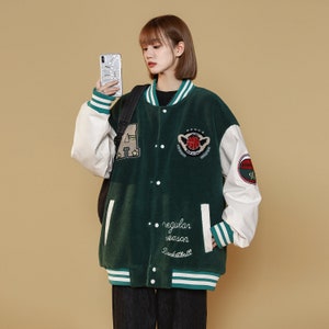 Women's Green Varsity Baseball Jacket Relaxed Fit Patchwork Coat image 6