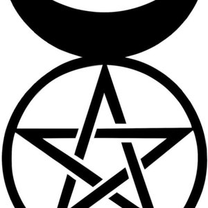 May include: A black pentagram with a crescent moon symbol above it. The pentagram is a five-pointed star with a circle around it.