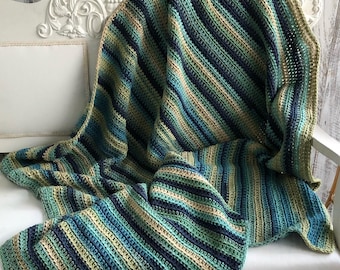 Handmade Crochet Throw Blanket: Bohemian Blue Green Afghan (BLUR)