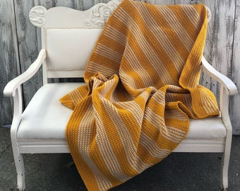 Handmade Crochet Afghan, Yellow Gold Cream Throw, Soft Premium Yarn