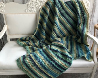 Handmade Crochet Throw Blanket: Bohemian Blue Green Afghan