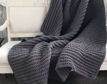 Chunky Chenille Crochet Blanket: Handmade Grey Afghan Throw