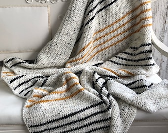 Handmade Crochet Throw Blanket: Cream, Gold, Charcoal Tweed Afghan (HUDSON)