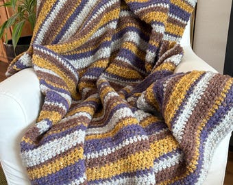 Handmade Crochet Blanket: Chunky Heavy Weight, Cream, Purple, Yellow, Brown, Fleck, Wool Blend, Felt Afghan