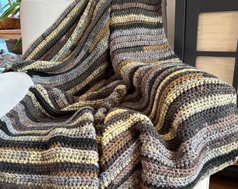 Handmade Crochet Blanket: Chunky Heavy Weight, Cream, Grey, Brown, Purple, Acrylic Soft Yarn, Afghan, Throw