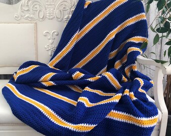 Handmade Crochet Blanket: SF Warriors NBA Throw - Blue & Yellow