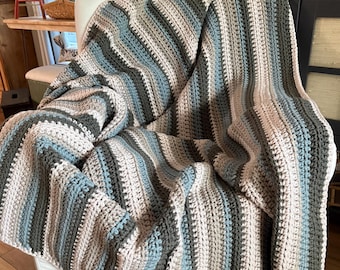 Handmade Crochet Blanket: Chunky Heavy Weight, Blue, Birch, Green, Cream, Acrylic Soft Yarn, Afghan, Throw (MOBY)