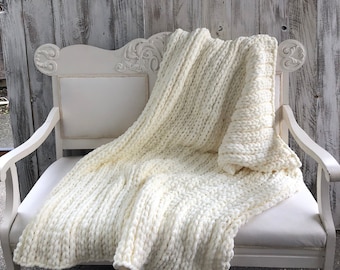 Chunky Crochet Blanket: Ivory Chenille, Bulky Knit Throw