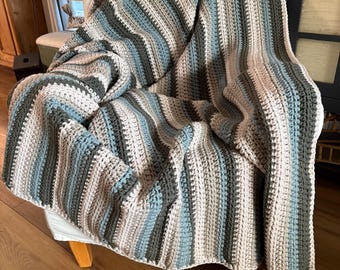 Handmade Crochet Blanket: Chunky Heavy Weight, Blue, Birch, Green, Cream, Acrylic Soft Yarn, Afghan, Throw