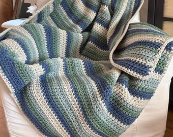 Handmade Crochet Blanket: Chunky Heavy Weight, Blue, Sage, Green, Cream, Acrylic Soft Yarn, Afghan, Throw
