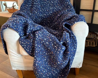 Handmade Crochet Afghan: Navy Blue & White, Orange, Blue, Purple Speckles, Throw, Blanket
