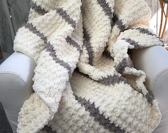 Chunky Chenille Crochet Blanket: Cream & Gray Afghan