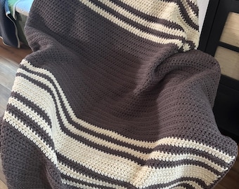 Handmade Crochet Blanket: Grey & Cream Wool Blend Afghan