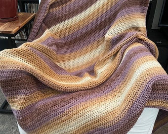 Handmade Crochet Throw Blanket: Cream, Tan, Purple, Brown Ombre Light Weight Afgan