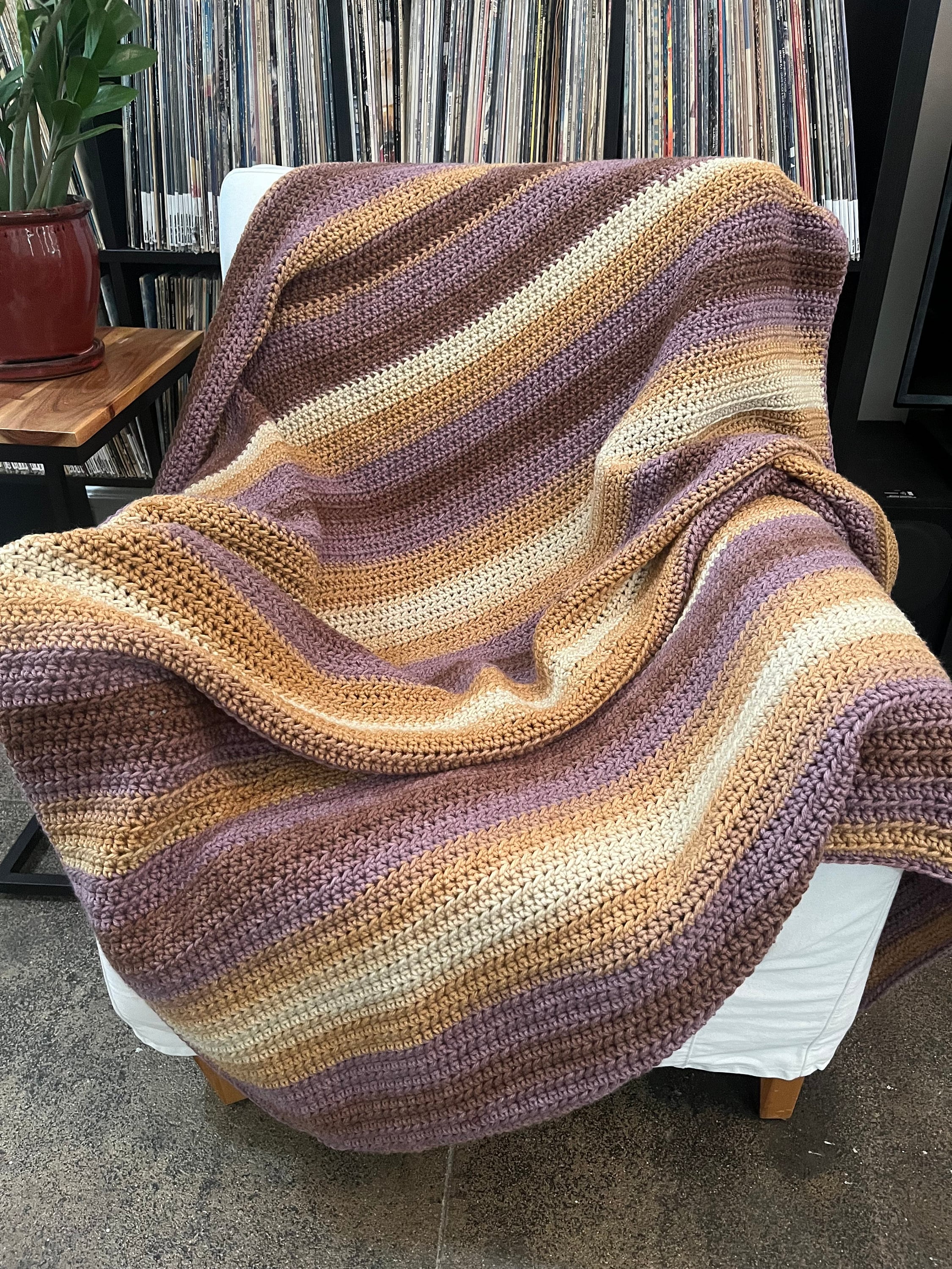 Handmade Crochet Throw Blanket: Cream, Tan, Purple, Brown Ombre