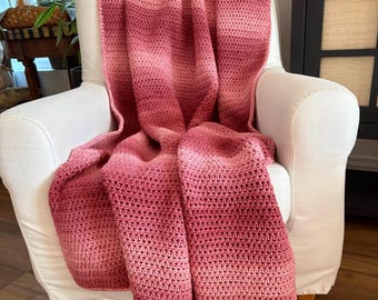 Handmade Crochet Throw Blanket: Pink and Rose Ombre Light Weight Afgan (KASKADE)