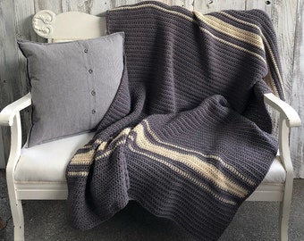 Handmade Crochet Blanket: Medium Grey & Cream Afghan Throw