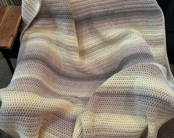 Handmade Crochet Throw Blanket: Cream, Grey, Light Purple Ombre