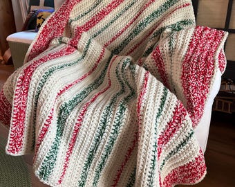 Handmade Crochet Blanket: Holiday, Christmas, Medium bulky wight, Red, Green, Cream, soft premium double yarn, Afghan throw