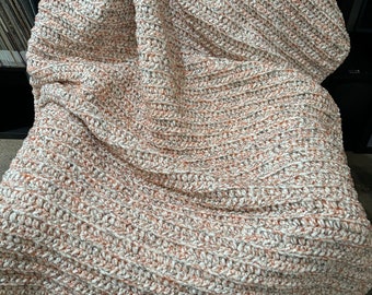 Chunky Crochet Blanket: Cream, Orange, Brown Tweed Chenille Afghan