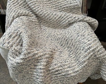 Chunky Crochet Chenille Blanket: Ivory Tweed Afghan Throw