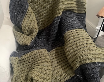 Crochet Blanket, Throw, Large Afghan, Navy Tweed, Olive Green, Bedding, Handmade, Soft Premium Yarn, Medium Bulky Weight, Double Yarn (HOME)