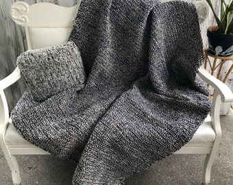 Handmade Crochet Afghan Blanket: Navy & Cream, Bulky Yarn Throw