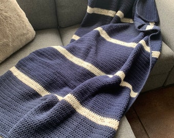 Handmade Crochet Afghan: Navy Blue & Cream Tweed Throw Blanket