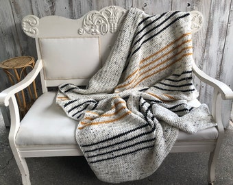 Handmade Crochet Throw Blanket: Cream, Gold, Charcoal Tweed Afghan