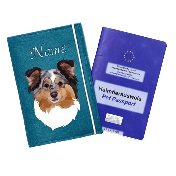 Impfpasshülle Hund Shetland Sheepdog, Sheltie blue merle, Tierpass Hülle mit Name, personalisiert Hülle Hund, Hundezubehör, Geschenk Hund
