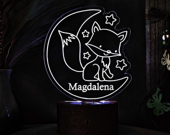 Personalisiertes LED Nachtlicht mit Farbwechsel Fuchs auf Mond, Nachtlicht Kinder, Geschenke zur Geburt, personalisiert Nachtlicht, LED