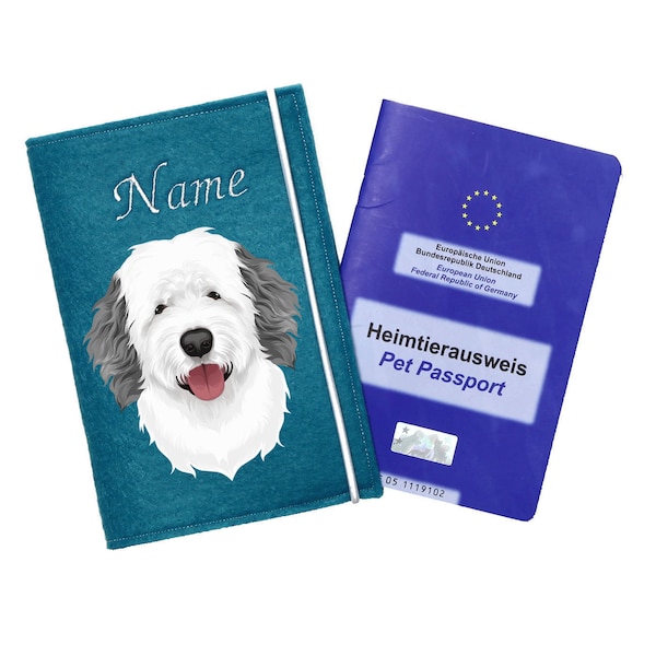 Impfpasshülle Hund Bobtail weiß/grau, Tierpass Hülle mit Name, personalisiert Impfpass Hülle Hund, Tierpass, Hundezubehör, Geschenk Hund