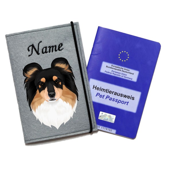 Impfpasshülle Hund Shetland Sheepdog, Sheltie tricolor, Tierpass Hülle mit Name, personalisiert Impfpass Hülle Hund, Geschenk Hund