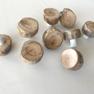 Könnte beinhalten: Eine Sammlung rustikaler Holzschrankknöpfe. Die Knöpfe bestehen aus natürlichen Holzscheiben, die die Holzmaserung und die Rindenkanten zeigen. Jeder Knopf ist auf einem weißen Stiel montiert und sofort einsatzbereit. Die Knöpfe variieren in Größe und Form.