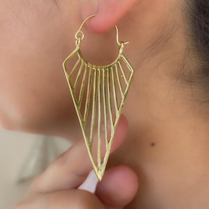 Boucle d&#39;oreilles éventail en laiton- Boucle d&#39;oreilles ethniques- Boucles d’oreilles tribales- Boucles d’oreilles Boho